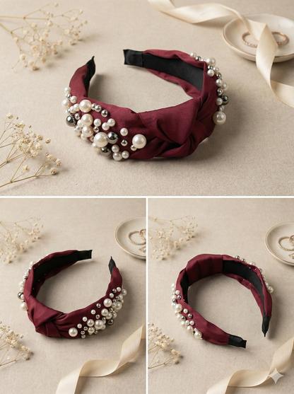 Satin Knot Headband with Pearl Embellishments- Maroon