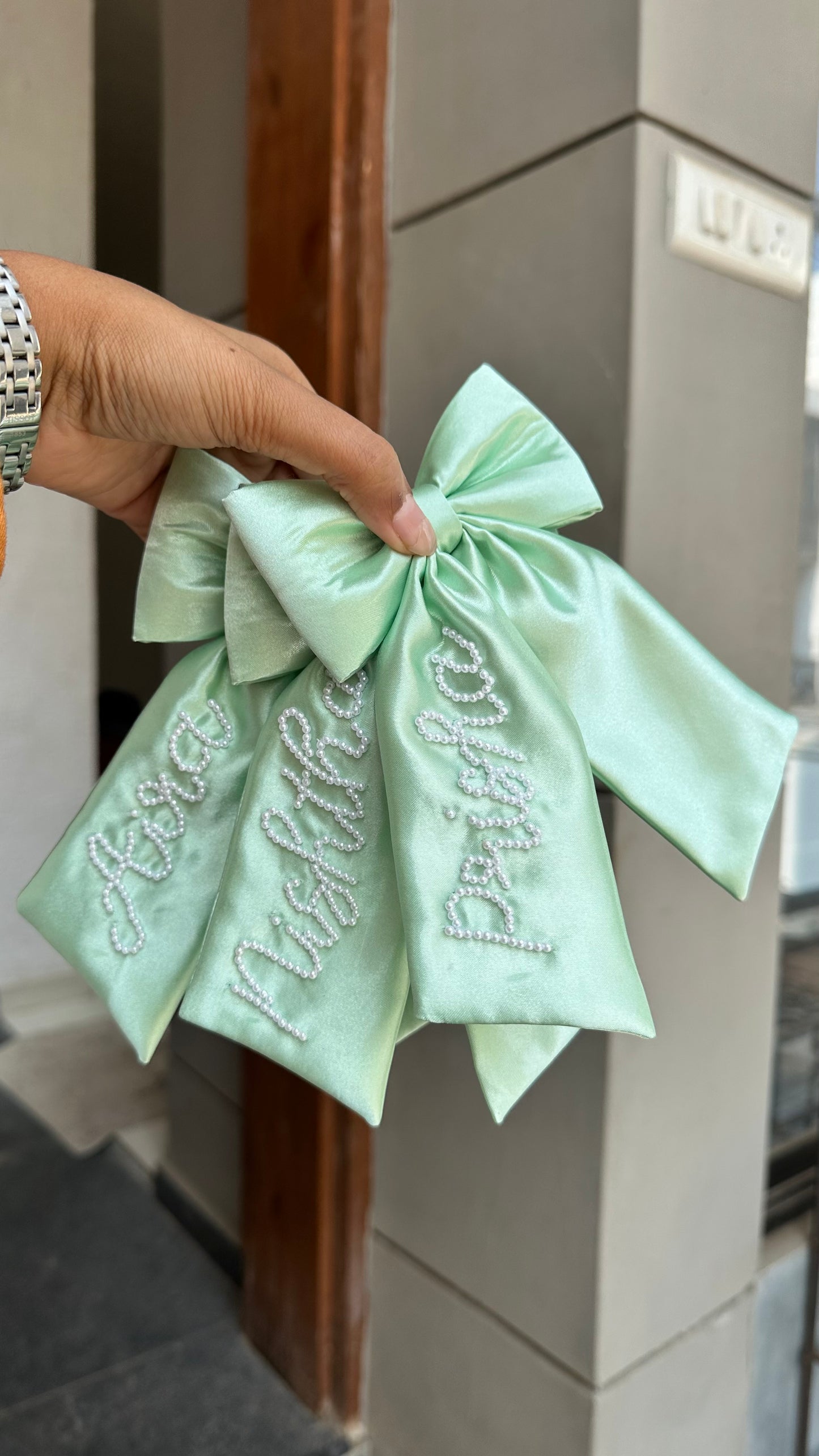 Personalized Name - Pearl on Satin Bow