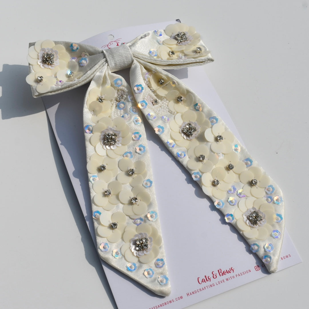 Iridecent White Embellished Bow Barrette