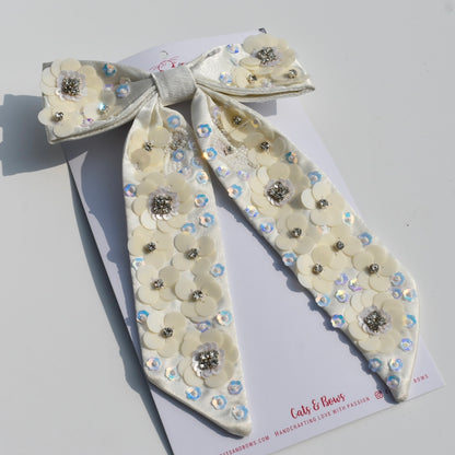 Iridecent White Embellished Bow Barrette