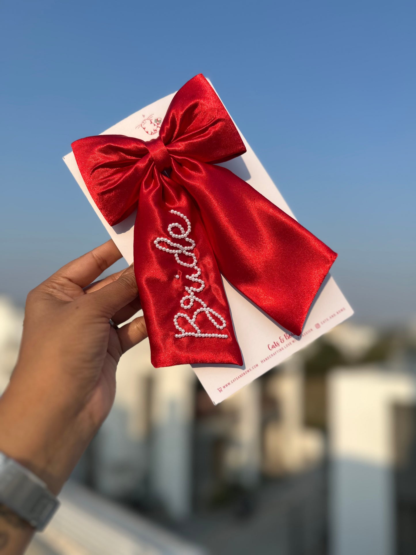 Personalized Name - Pearl on Satin Bow