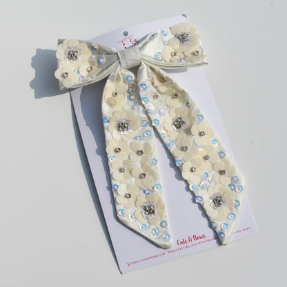 Iridecent White Embellished Bow Barrette