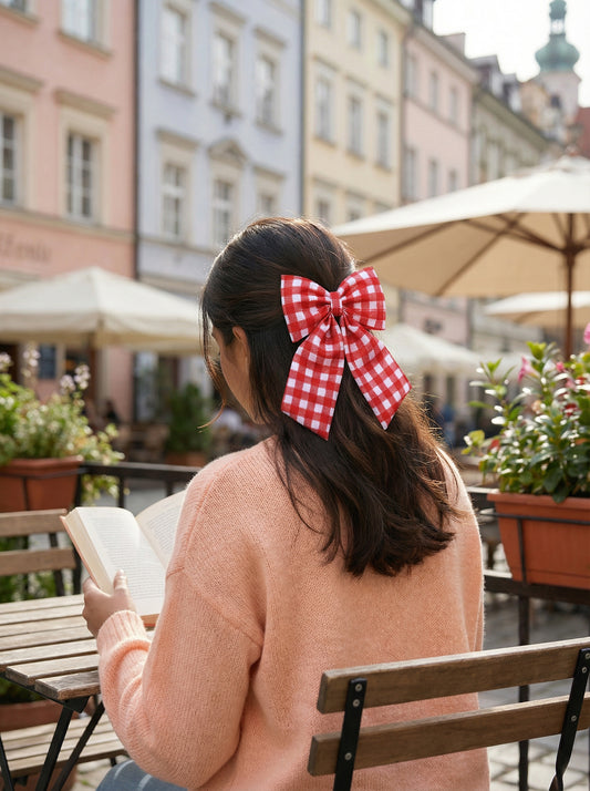 Red checks - Midi Tail Hair Bow