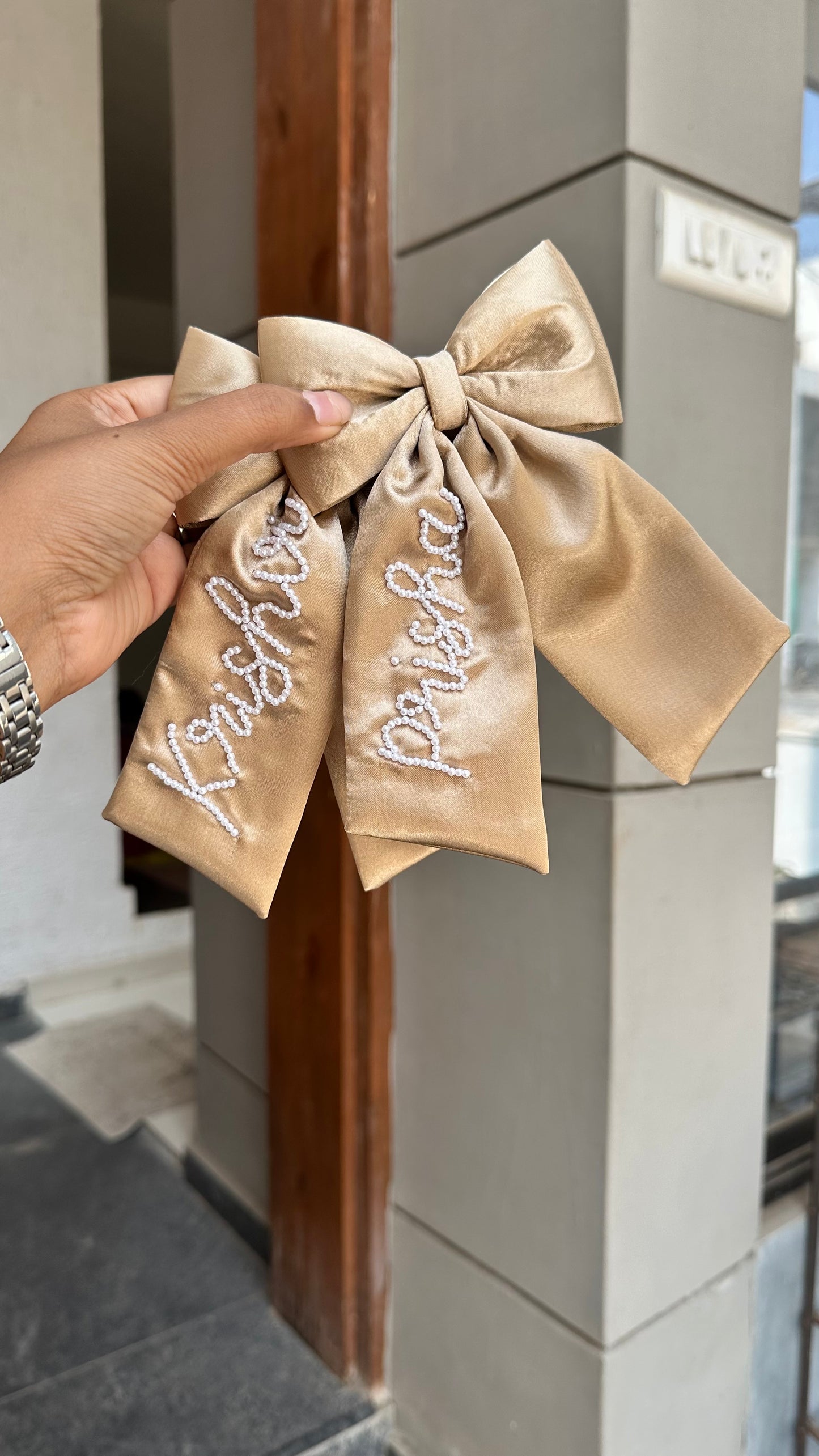 Personalized Name - Pearl on Satin Bow