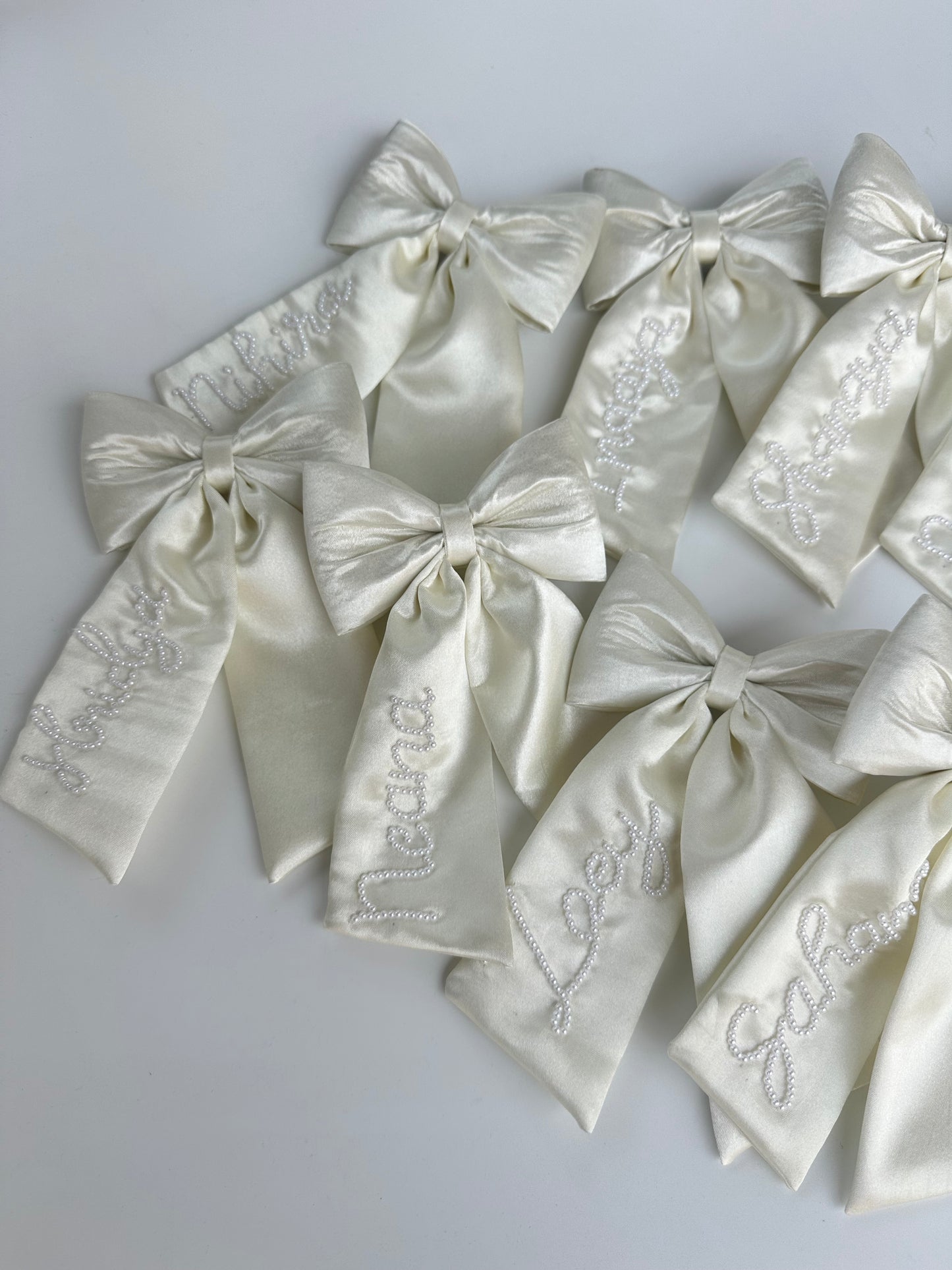 Personalized Name - Pearl on Satin Bow (Offwhite/Ivory)