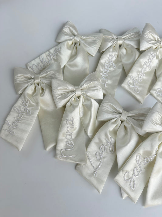 Personalized Name - Pearl on Satin Bow ( Offwhite/Ivory)