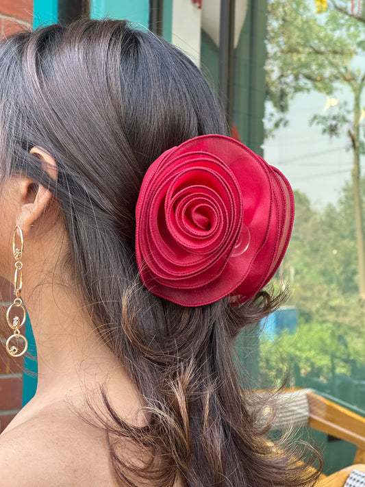 Roselle Maroon & White - Flower Hair Claw Clip