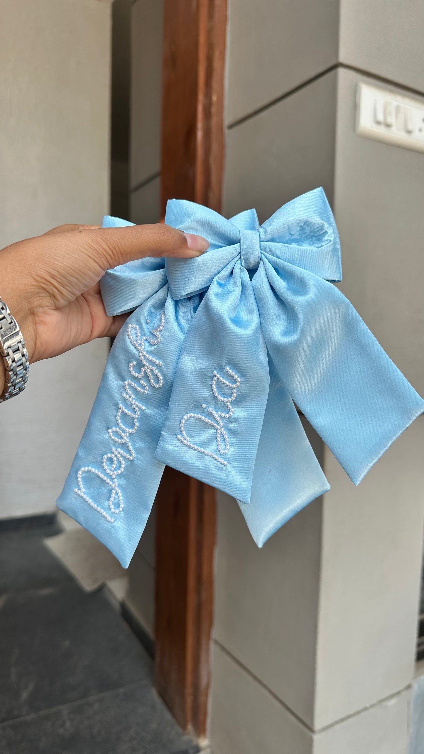 Personalized Name - Pearl on Satin Bow