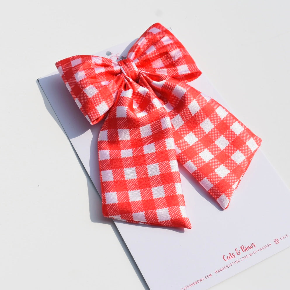 Red checks - Midi Tail Hair Bow