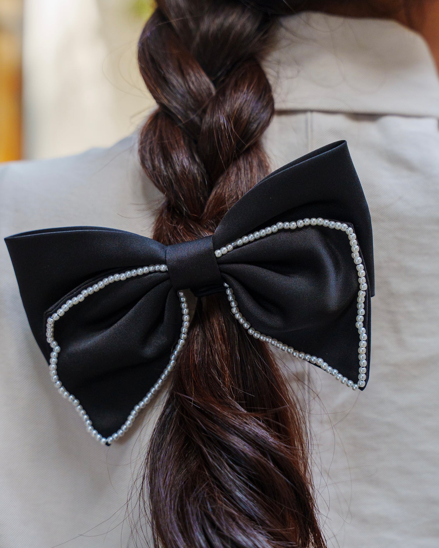 Perrine Pearl - Black Satin Parisian Bow
