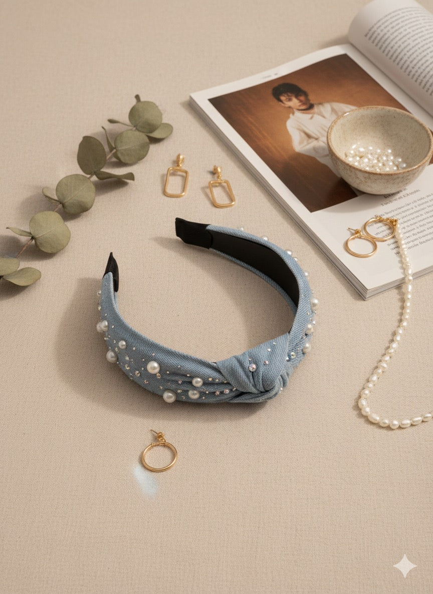 Pearl Rhinestone Denim headband