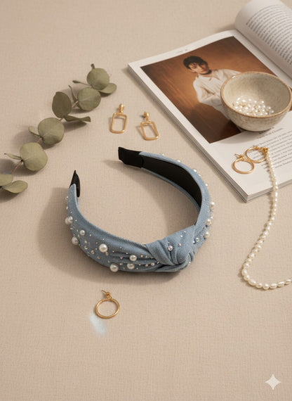 Pearl Rhinestone Denim headband