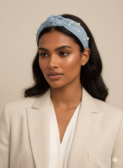 Pearl Rhinestone Denim headband