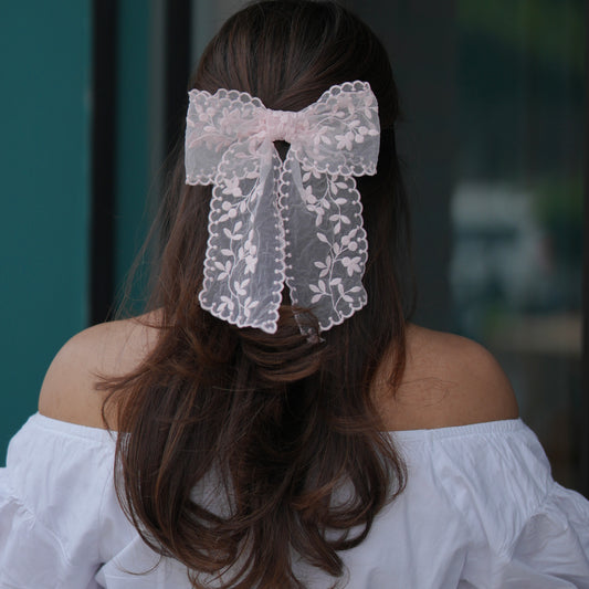 Lace Bow - Leafy Baby Pink