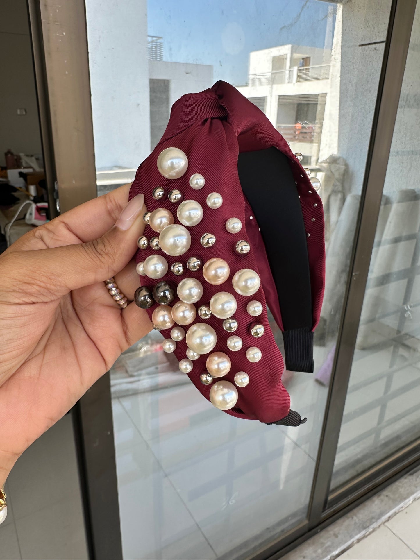 Satin Knot Headband with Pearl Embellishments- Maroon