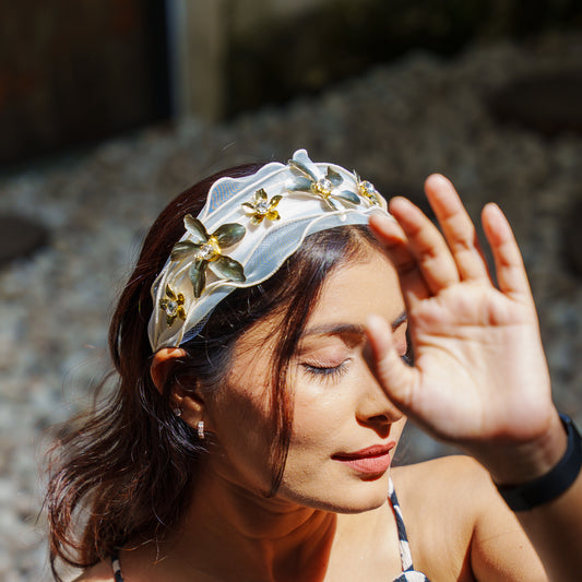 Festive Floral Coquette Headband- Ivory