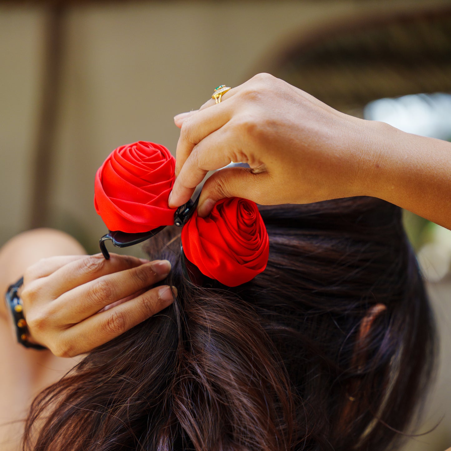 Small Rosa Satin Red & Cream  - Flower Hair Claw Clip