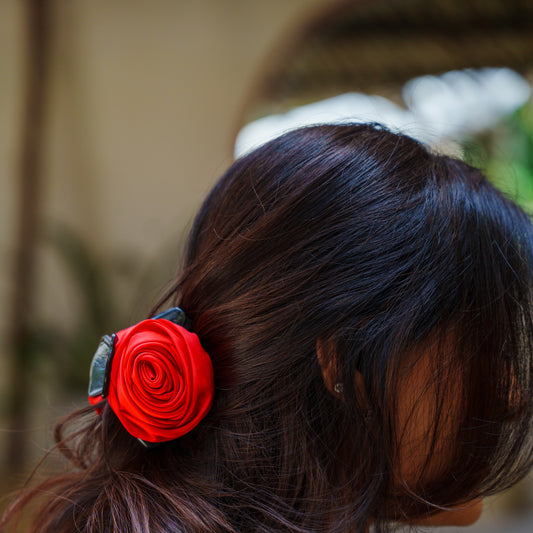 Small Rosa Satin Red & Cream  - Flower Hair Claw Clip