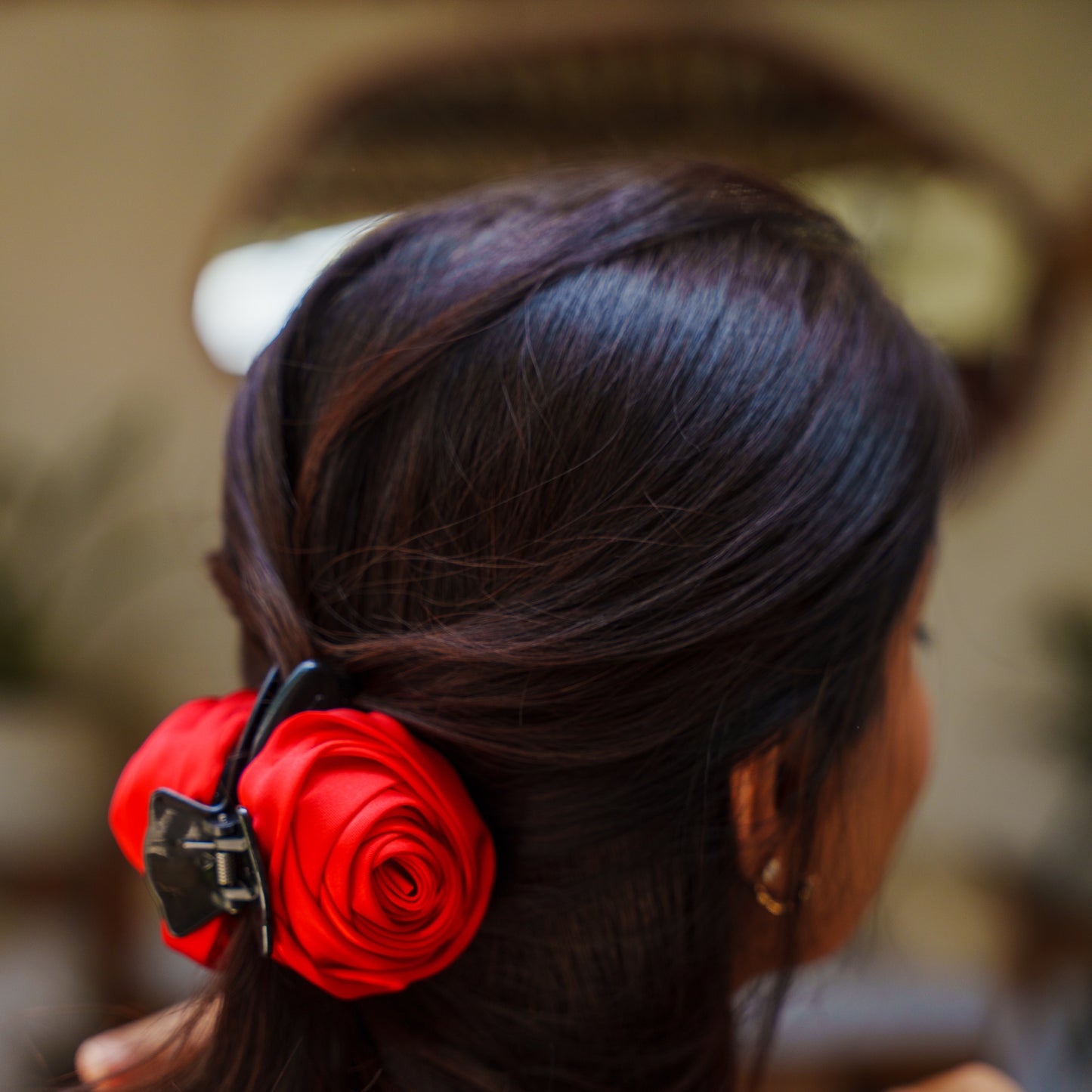 Small Rosa Satin Red & Cream  - Flower Hair Claw Clip