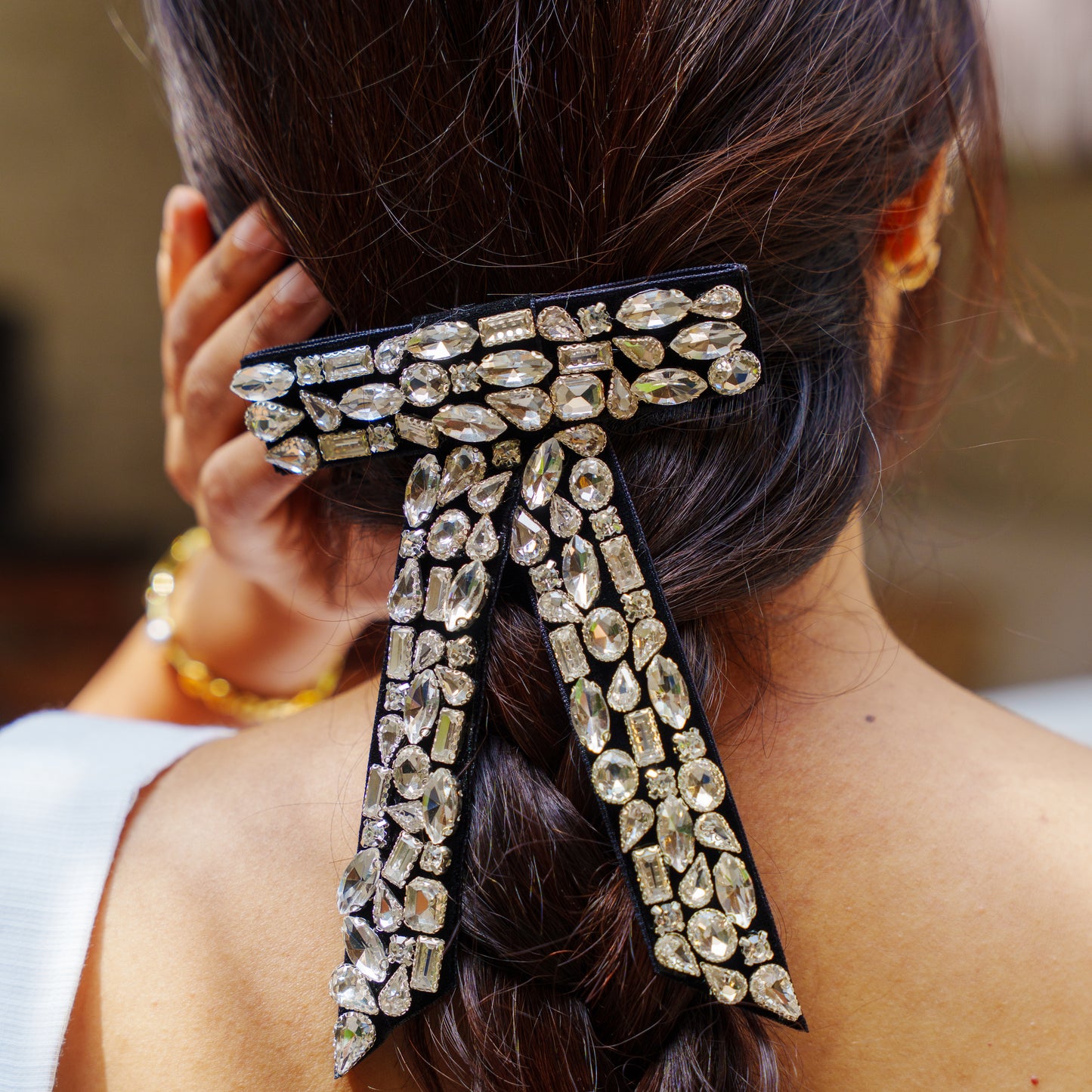 Diamond Embellished Hair Bows clip - Black