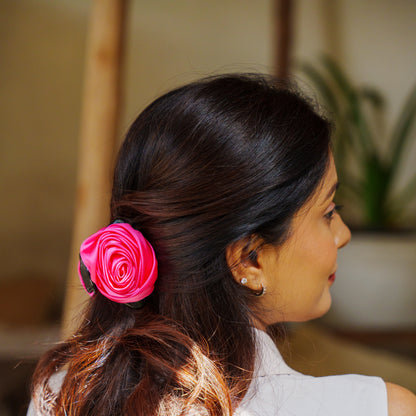 Small Rosa Satin White & Pink  - Flower Hair Claw Clip