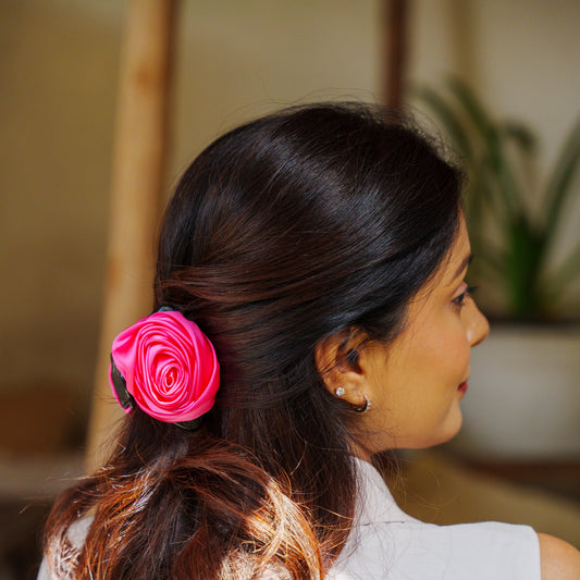 Small Rosa Satin White & Pink  - Flower Hair Claw Clip