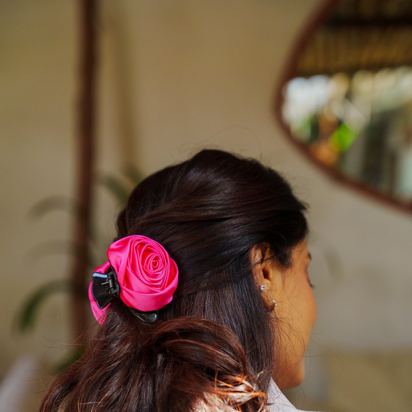 Small Rosa Satin White & Pink  - Flower Hair Claw Clip