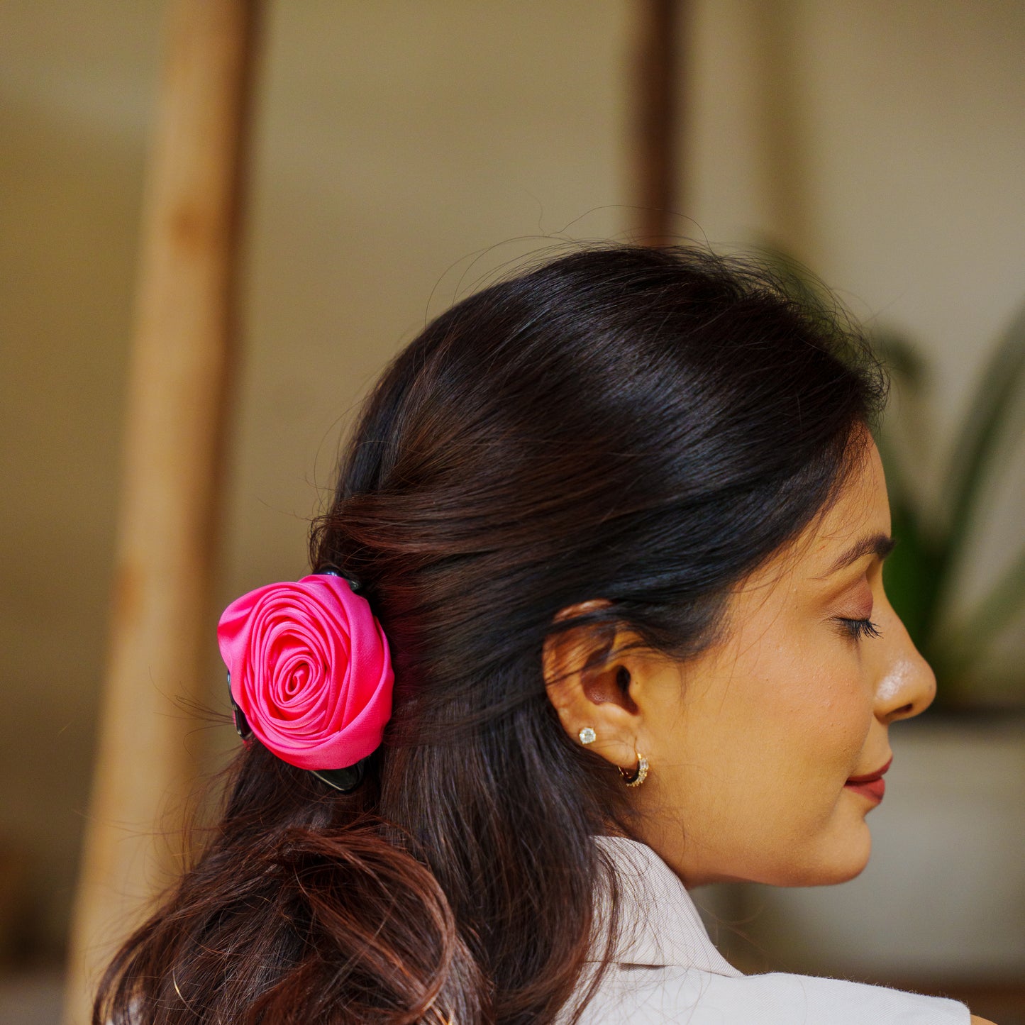 Small Rosa Satin White & Pink  - Flower Hair Claw Clip