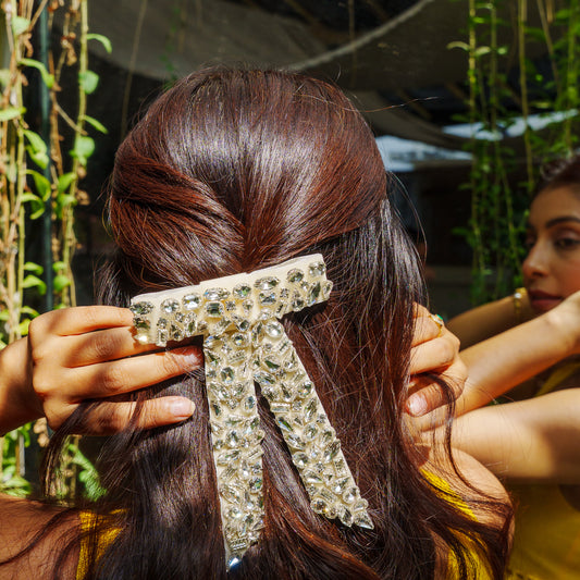 Diamond Embellished Hair Bows clip - Cream