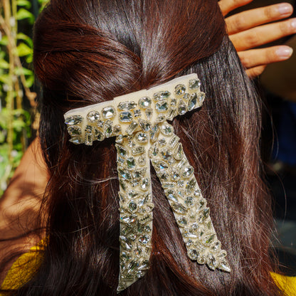 Diamond Embellished Hair Bows clip - Cream