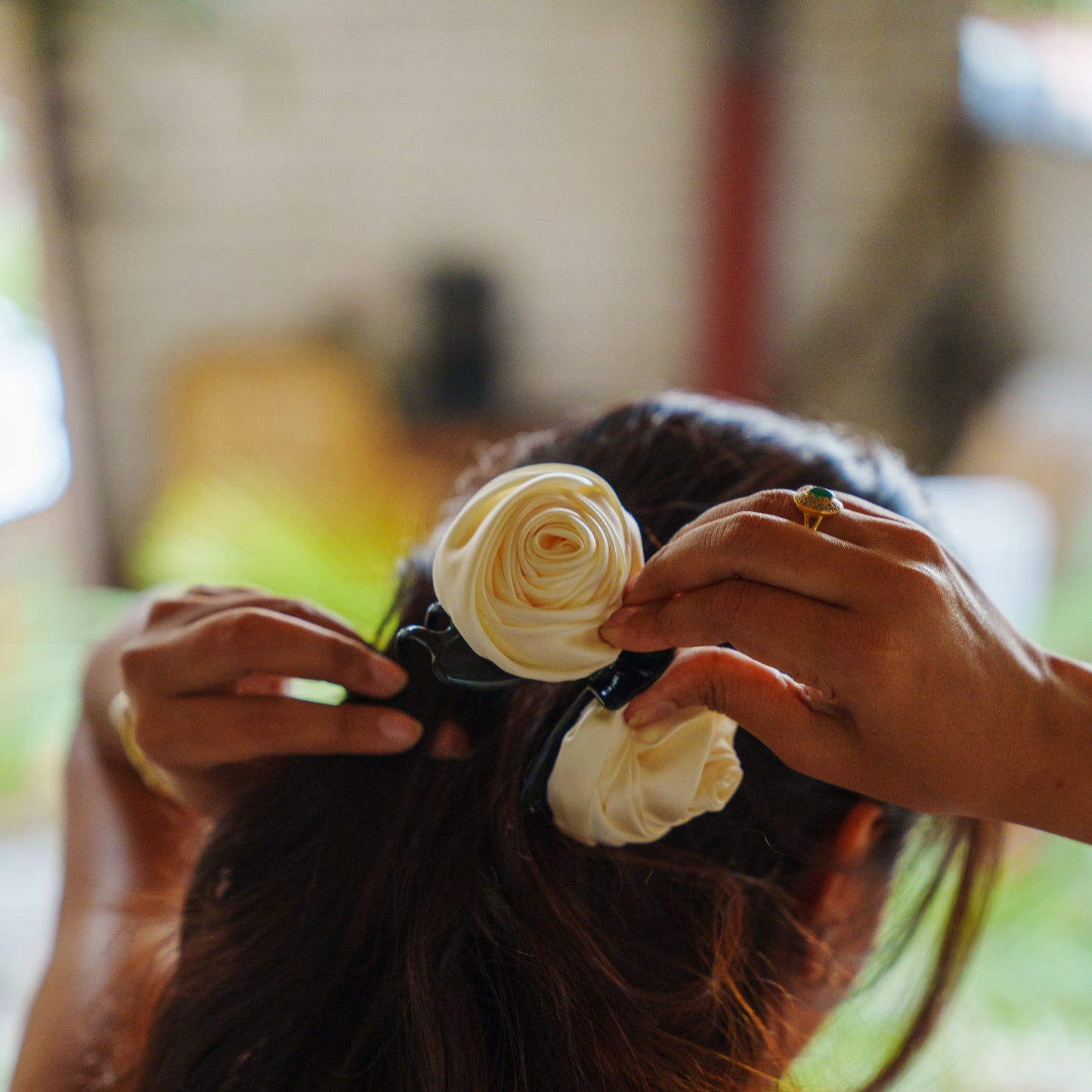Small Rosa Satin Red & Cream  - Flower Hair Claw Clip