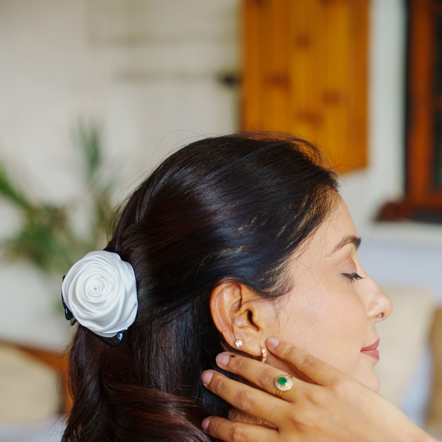 Small Rosa Satin White & Pink  - Flower Hair Claw Clip