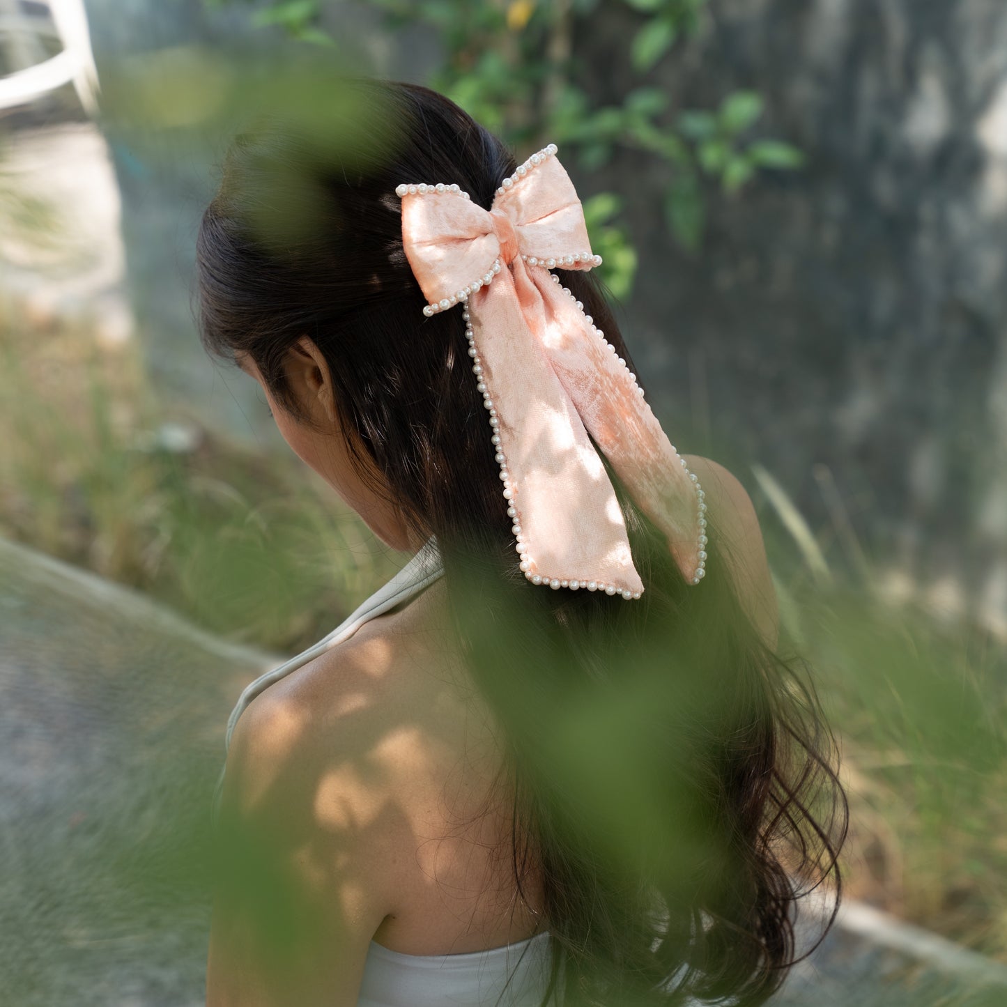Silk Velvet Pearl Bow - Peach