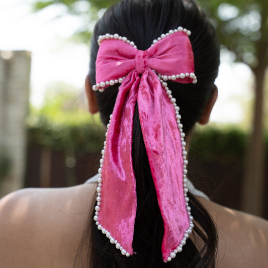 Silk Velvet Pearl Bow - Pink