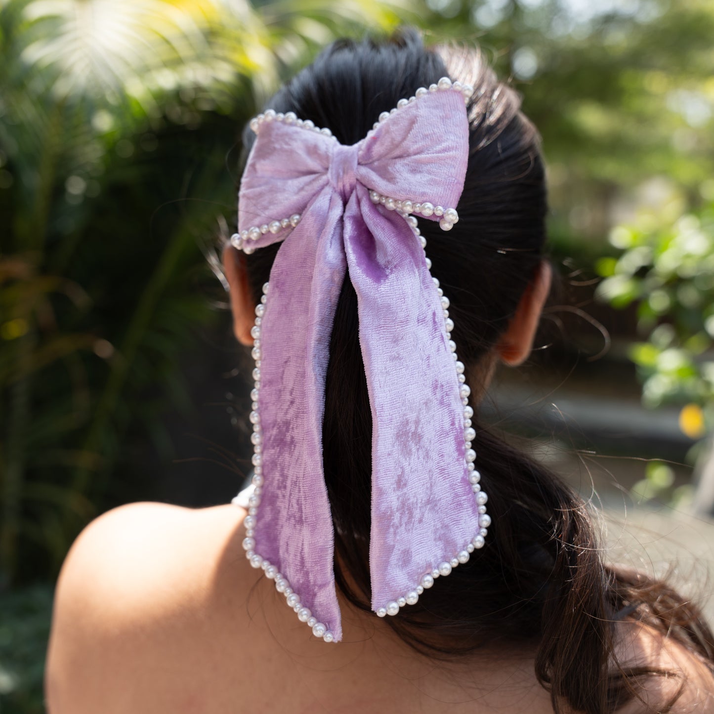Silk Velvet Pearl Bow - Lilac