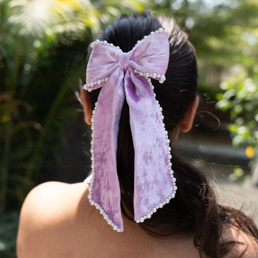 Silk Velvet Pearl Bow - Lilac