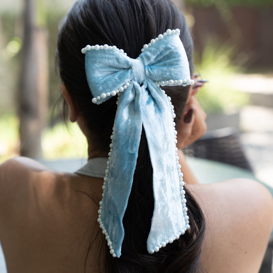 Silk Velvet Pearl Bow - Powder Blue