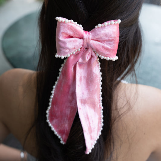 Silk Velvet Pearl Bow - Baby Pink