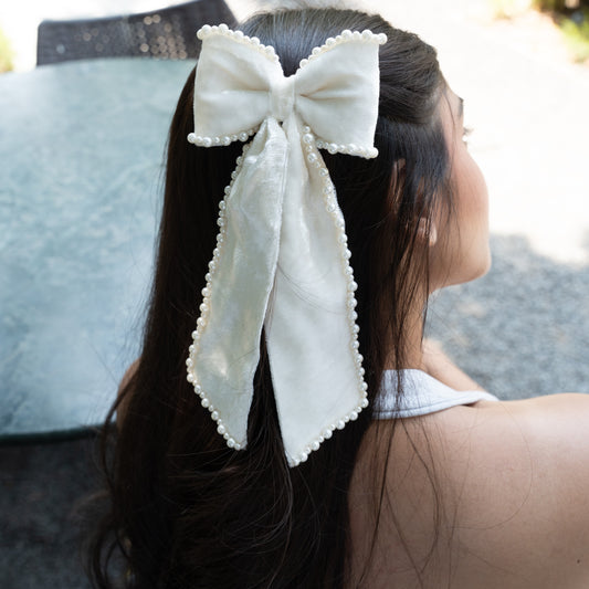 Silk Velvet Pearl Bow - White