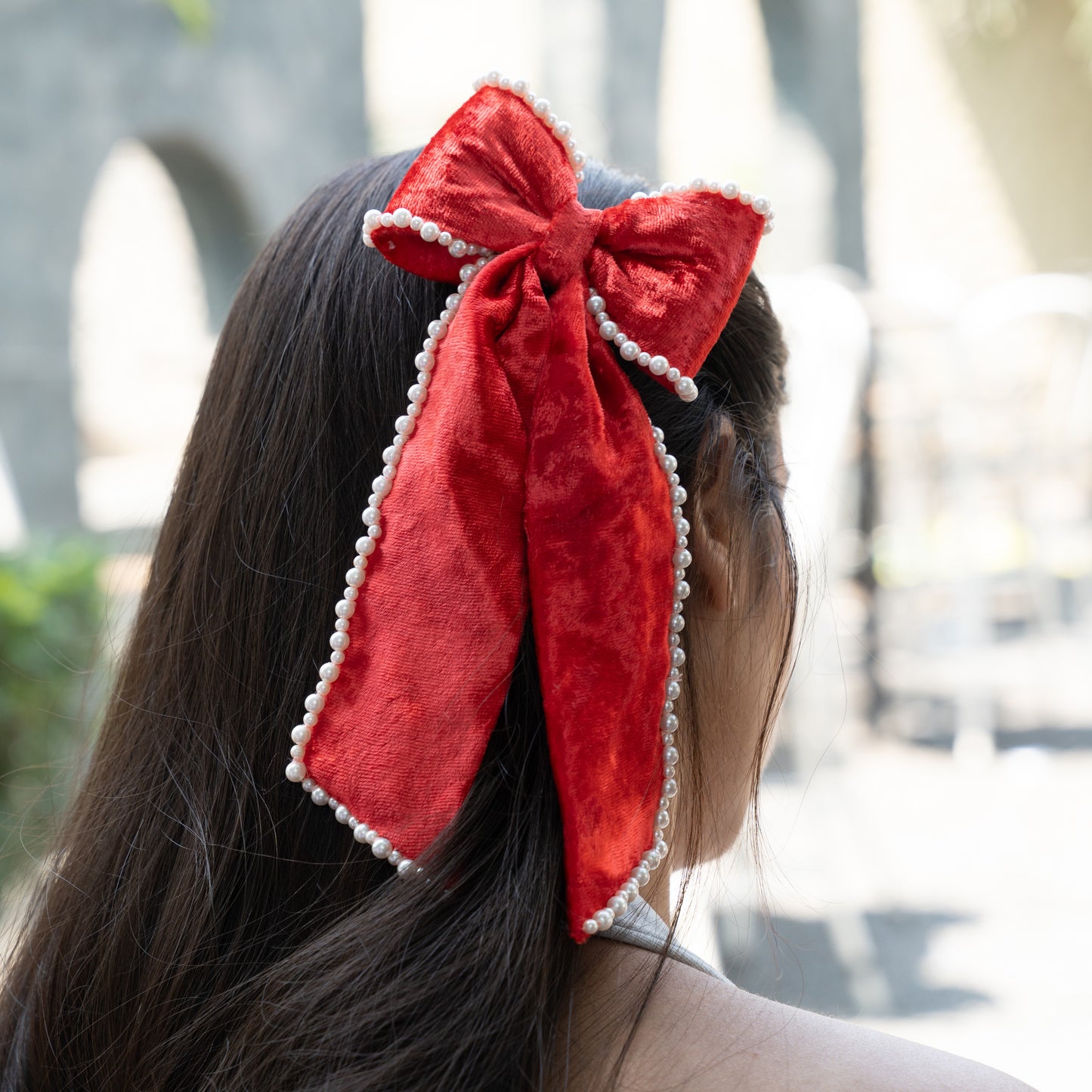 Silk Velvet Pearl Bow - Red