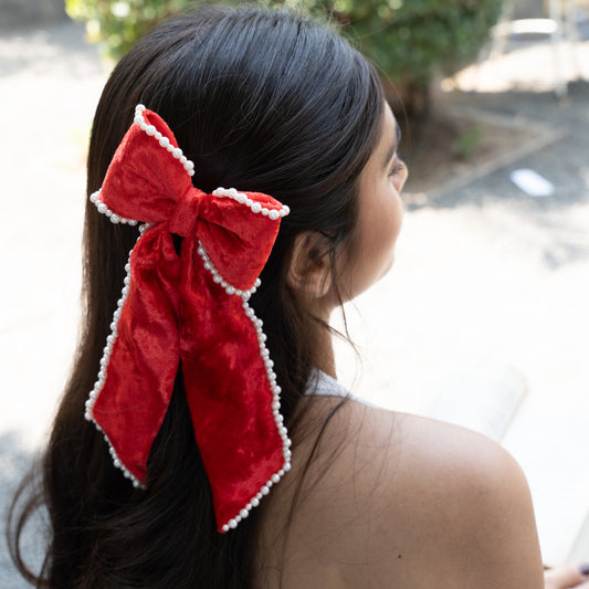 Silk Velvet Pearl Bow - Red