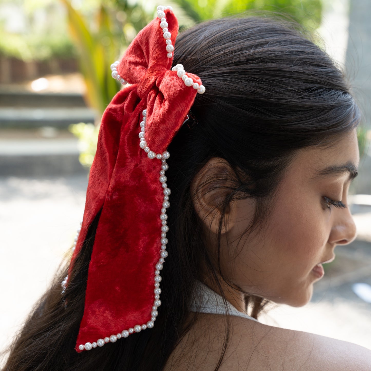 Silk Velvet Pearl Bow - Red