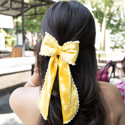 Silk Velvet Pearl Bow - Yellow
