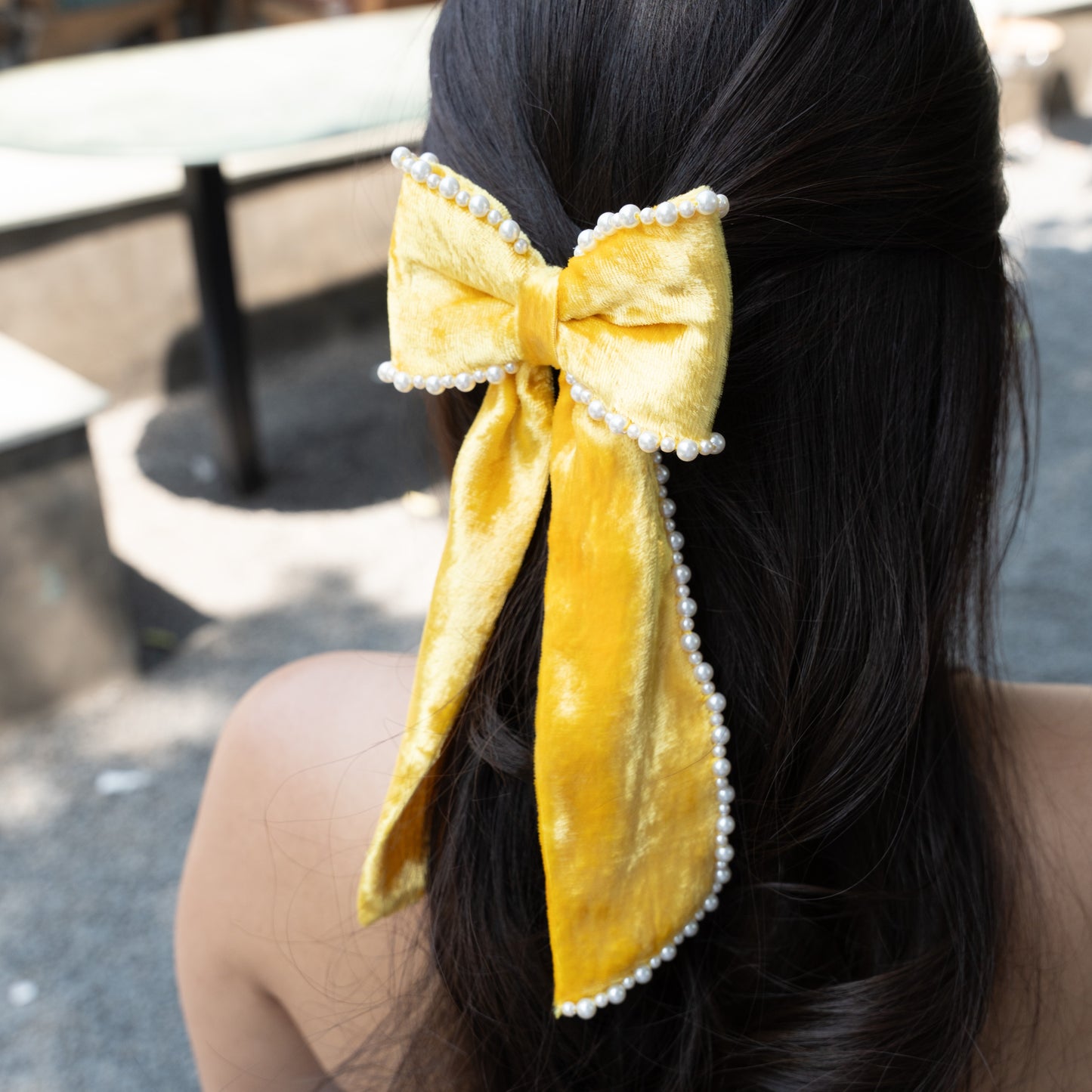 Silk Velvet Pearl Bow - Yellow