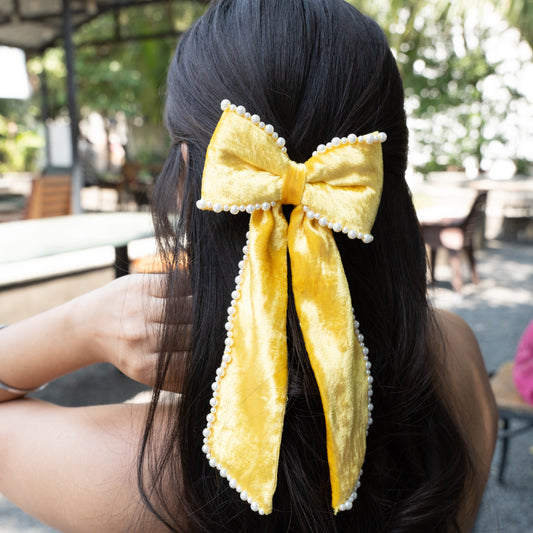 Silk Velvet Pearl Bow - Yellow