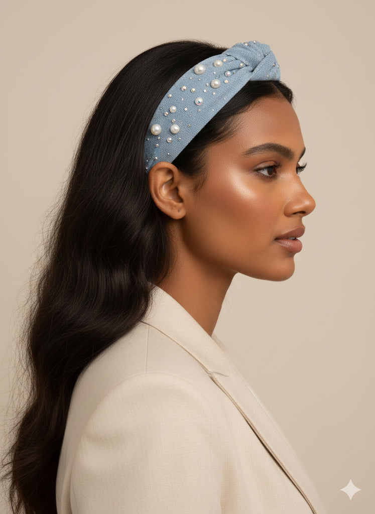 Pearl Rhinestone Denim headband