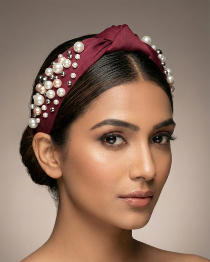 Satin Knot Headband with Pearl Embellishments- Maroon
