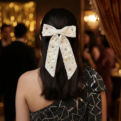 Iridecent White Embellished Bow Barrette
