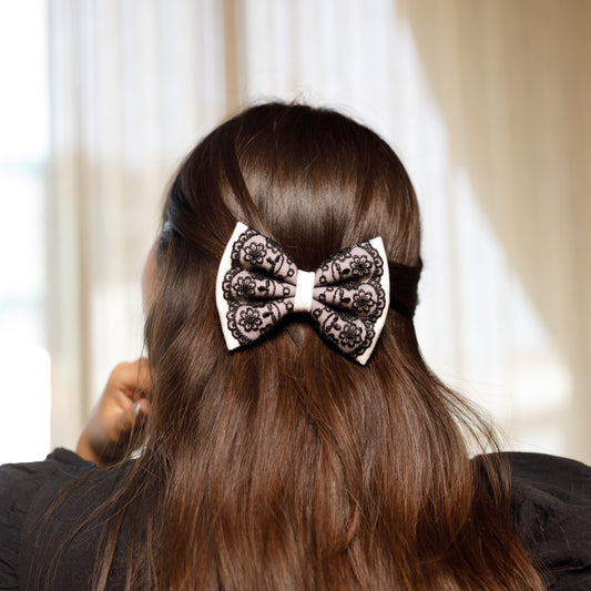 White Black Denim Lace bow