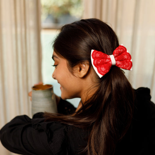 White Red Denim Lace Bow